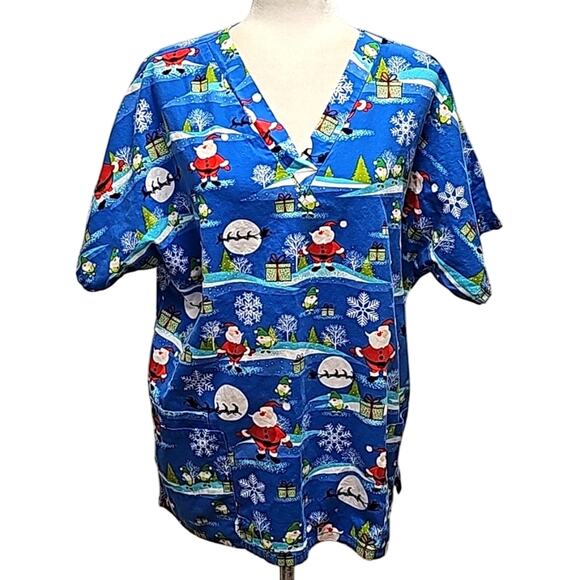 Scrub H.Q. Unisex Christmas V-Neck Short Sleeve Top Santa Elves Gifts Size L - Picture 1 of 11